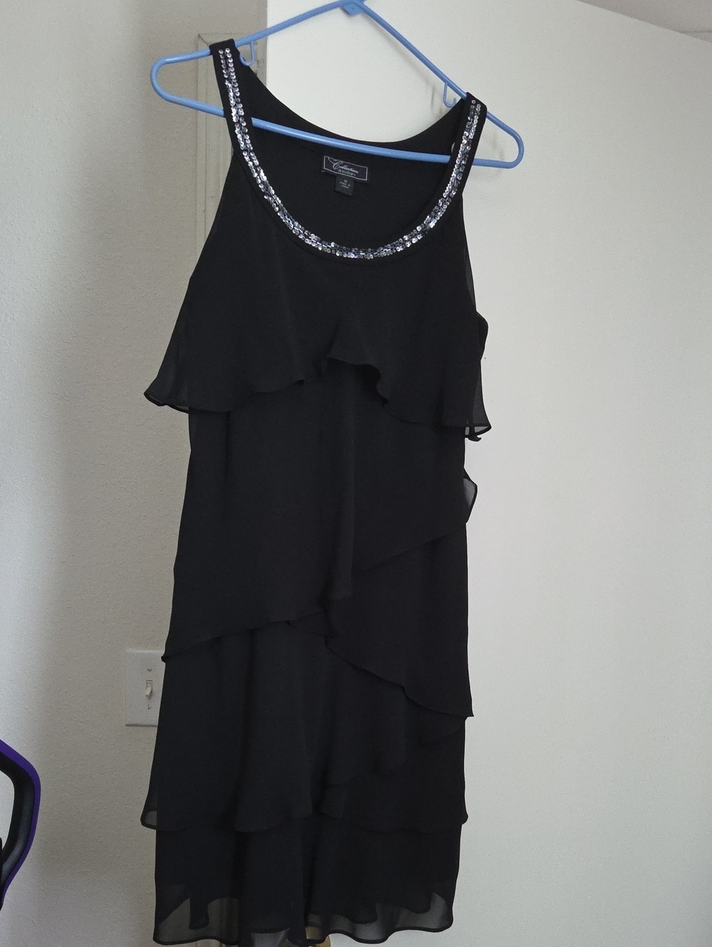 dressbarn Black Tiered Chiffon Midi Dress with Sequin Neckline